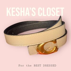 Beige Faux Leather Belt with Gold Buckle